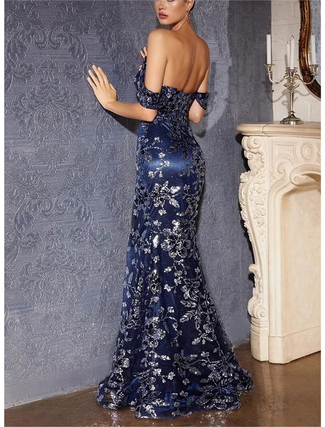 Wholesale Mermaid / Trumpet Prom Dresses Party Dress Carnival Prom Court Train Sleeveless Off Shoulder Tulle with Glitter Sequin Slit